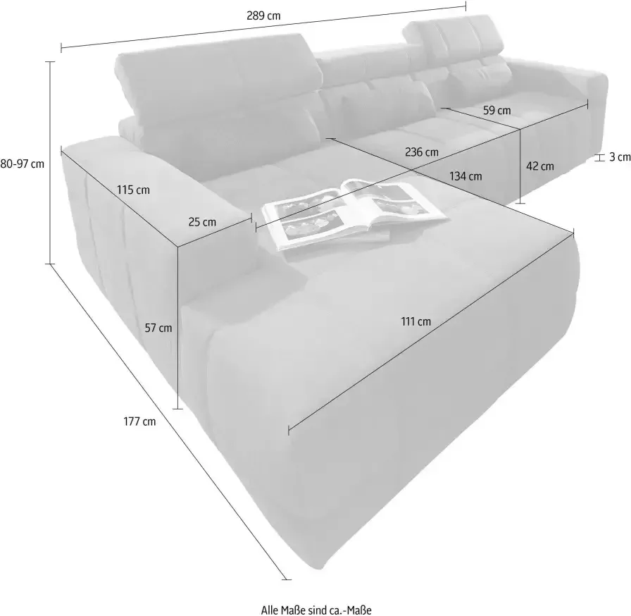 DOMO collection Hoekbank Brandon B D H: 289 177 80 cm keuze met zitdiepteverstelling L-vorm