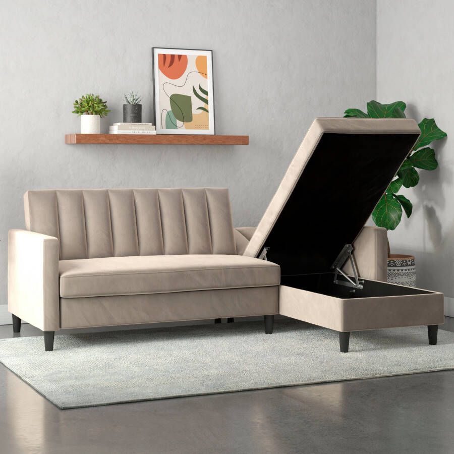 Dorel Home Hoekbank Celine L-vorm met bedfunctie en bergruimte. récamier aan beide kanten te monteren