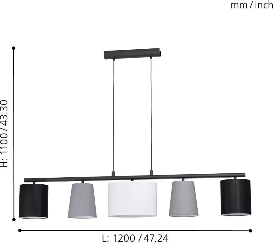 EGLO Hanglamp ALMEIDA 1 zwart l120 x h110 x b25 5 cm excl. 5 x e14 stoffen lampenkappen - Foto 3