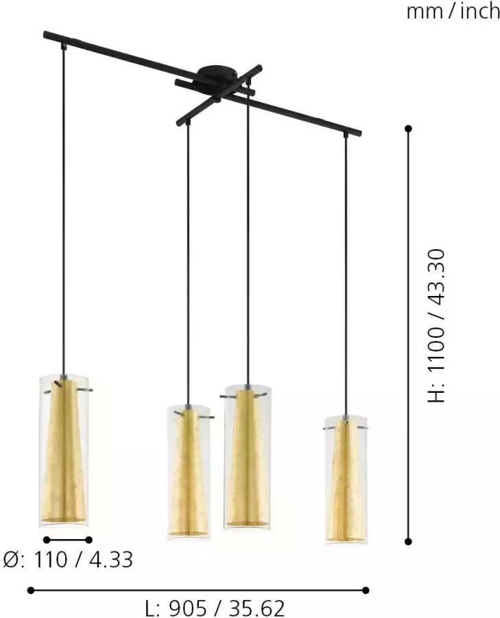 EGLO  Pinto Gold Hanglamp - E27 - 90 5 cm - Zwart Goud - Foto 2