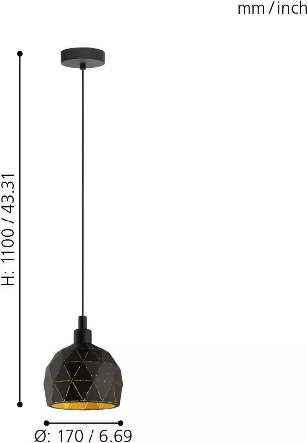 EGLO  Roccaforte Hanglamp - 1 lichts - Ø17 cm - E14 - Zwart - Goud