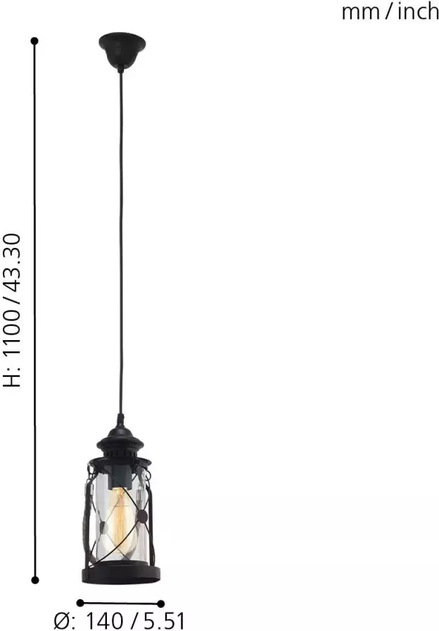 EGLO  Vintage Bradford - Hanglamp - 1 Lichts - Zwart - Helder Glas