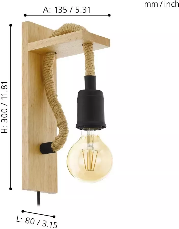 EGLO  Rampside Wandlamp - 1 lichts - E27 - Zwart - Bruin