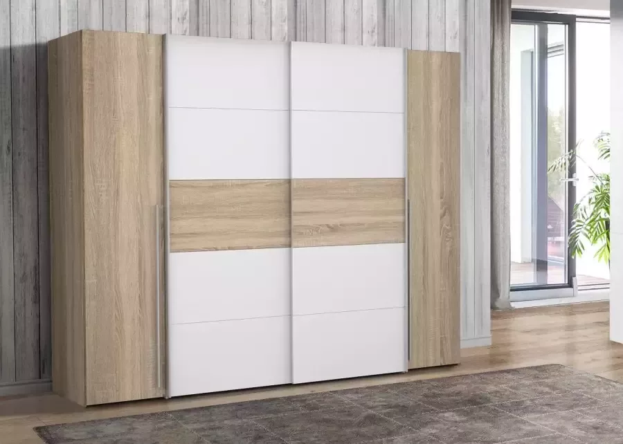 Merkloos NARAGO kledingkast Sonoma eiken en mat wit decor 2 schuifdeuren + 2 draaideuren L270 x D61 x H210 cm - Foto 10