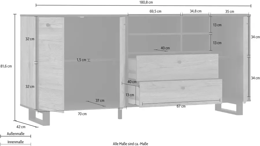 Cstore Dressoir 3 deuren 2 laden Eiken en zwart decor L 180.8 x D 42 x H 81.6 cm SEWILL - Foto 5