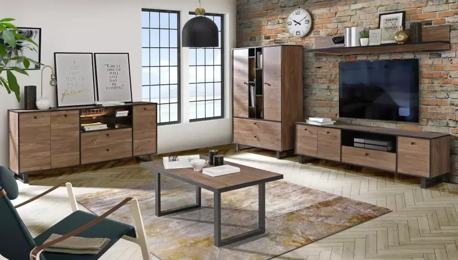 Cstore Dressoir 3 deuren 2 laden Eiken en zwart decor L 180.8 x D 42 x H 81.6 cm SEWILL - Foto 4