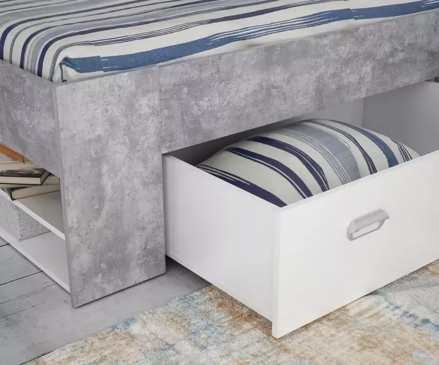 Anders Bed voor volwassenen 140x200 cm 3 lades + nachtkastje Decor van wit en beton UDINE - Foto 2
