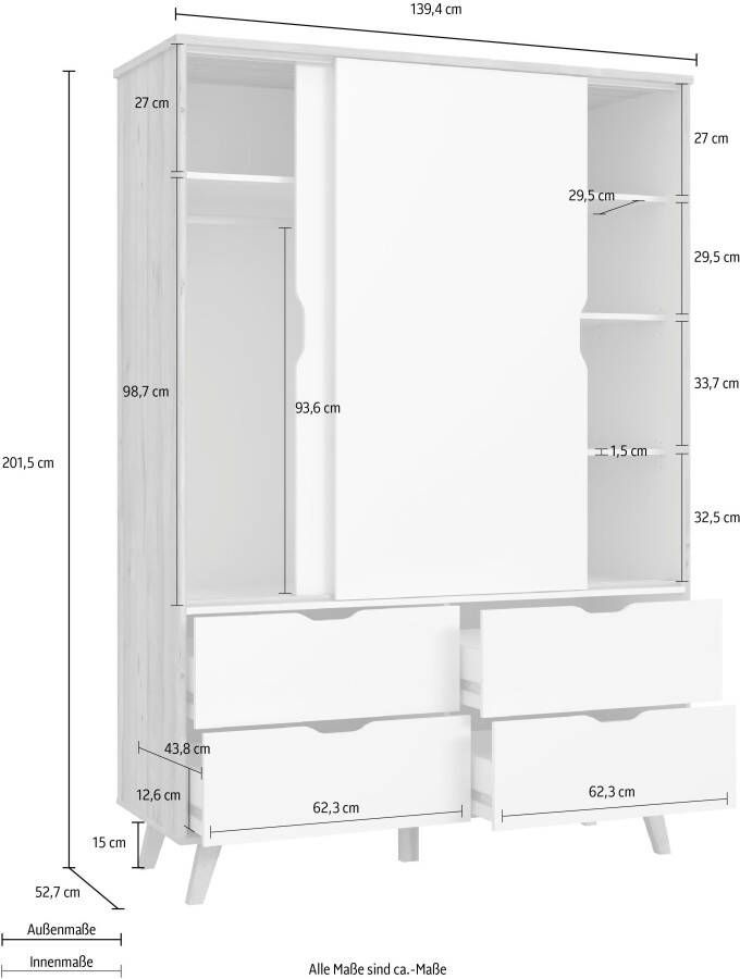 Anders Kleerkast 2 deuren + 4 laden Eiken en wit decor L 139.4 x D 52.7 x H 201.5 cm VANKKA