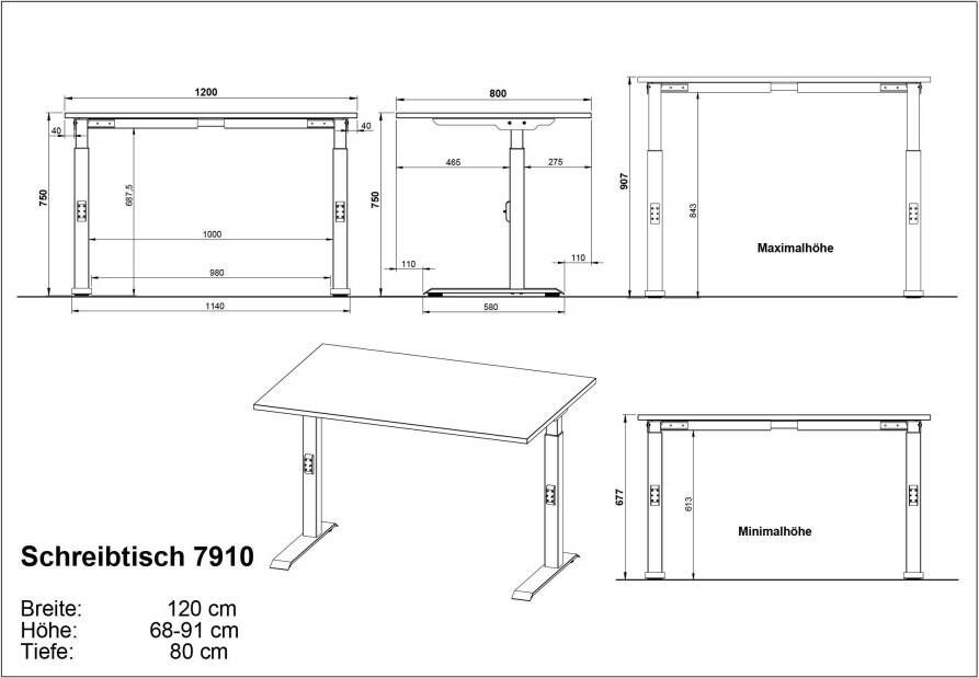 GERMANIA Bureau Milaan mechanisch in hoogte verstelbaar in verschillende breedten 120-180 cm made in germany