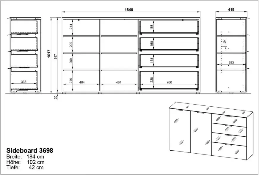 GERMANIA Dressoir OAKLAND in 2 breedten fronten en bovenblad met glas-inlay - Foto 3