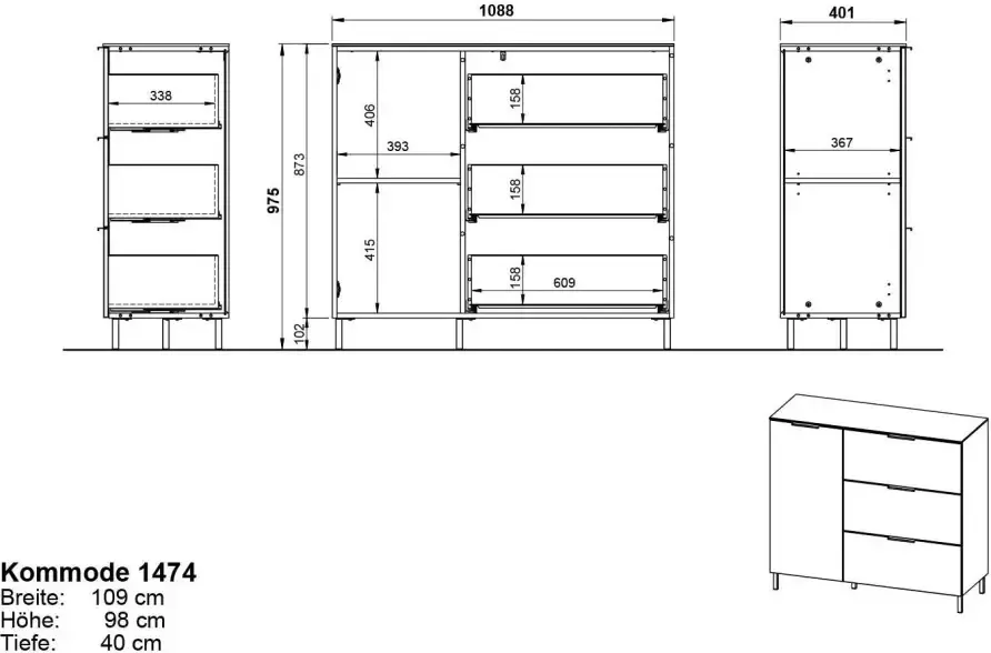 GERMANIA Kast met laden en deuren California Breedte 109 cm met filigraan verwerkt bovenblad