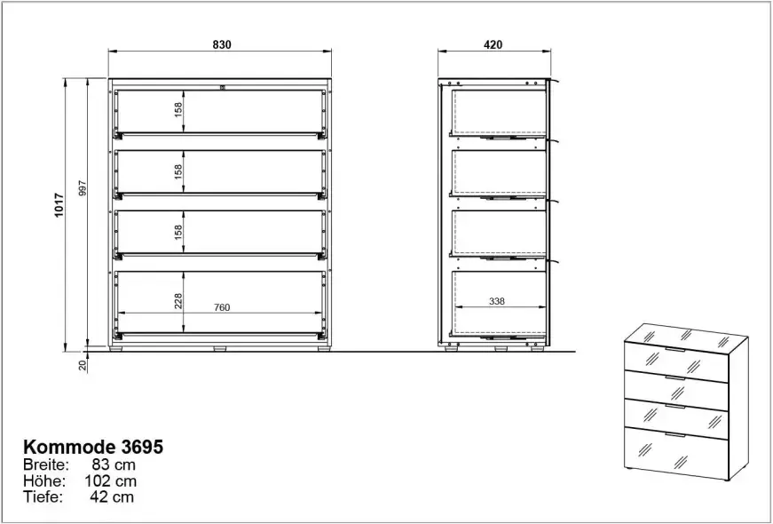 GERMANIA Ladekast OAKLAND met 4 laden. fronten en bovenblad met glas-inlay. - Foto 6