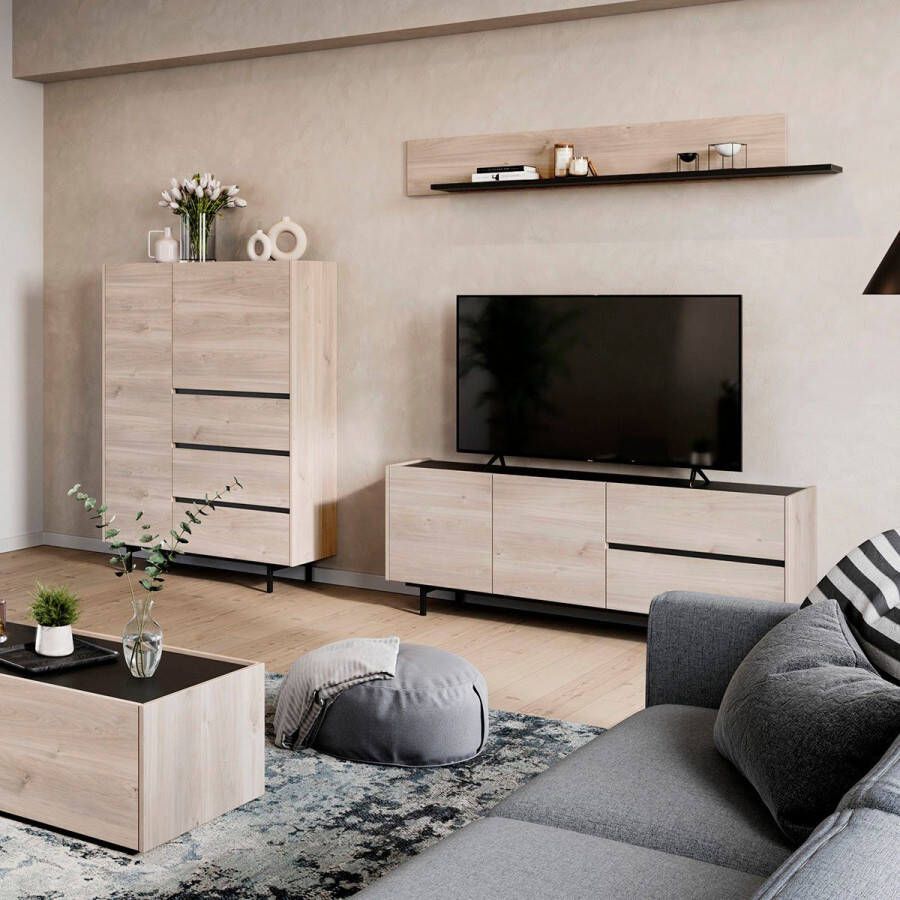 GERMANIA Woonkamerset Cantoria met hoge ladekast wandboard tv-meubel greeploos design (set 3-delig)
