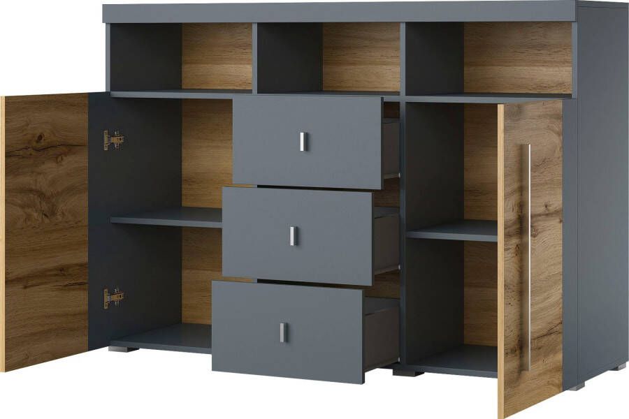 Helvetia Meble Dressoir Roger Breite 132cm stilvolle Schrank 2 Holztüren 3 Schubladen Breedte 132 cm - Foto 3