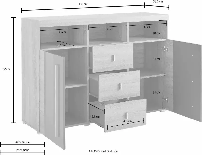 Helvetia Meble Dressoir Roger Breite 132cm stilvolle Schrank 2 Holztüren 3 Schubladen Breedte 132 cm - Foto 2