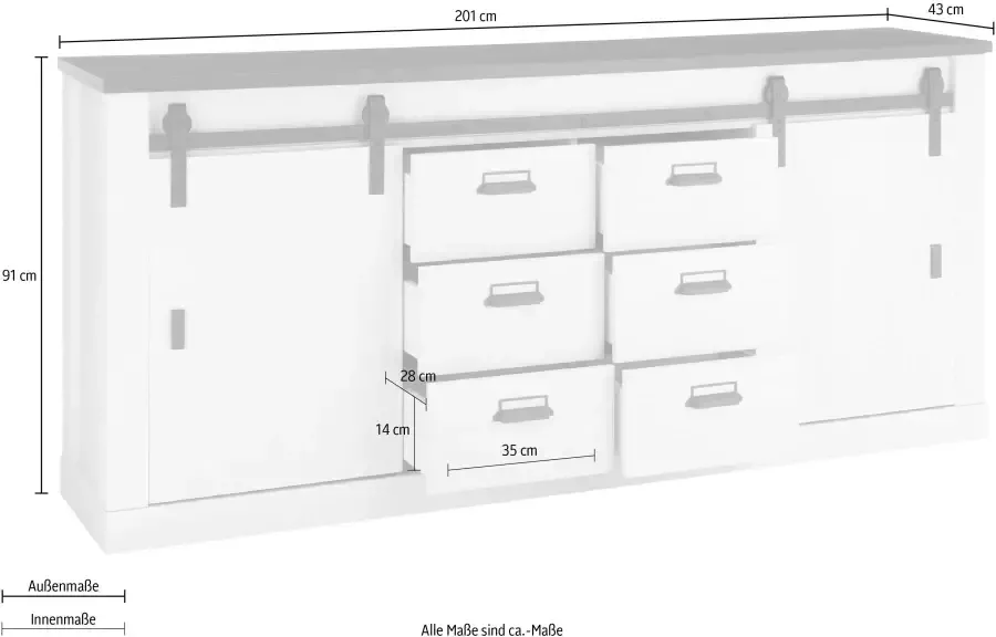 Home affaire Dressoir Sherwood modern houtdecor met schuurdeurbeslag van metaal breedte 201 cm - Foto 3