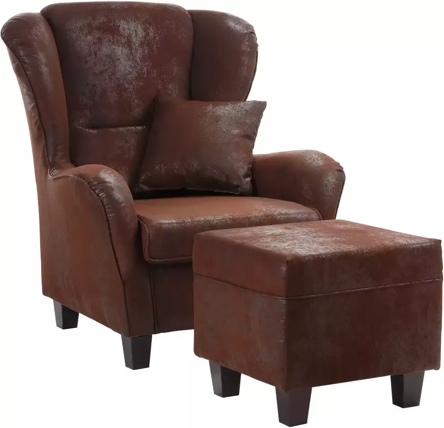 Home affaire Fauteuil Oliver Oorfauteuil met poef microvezel antieke look (2 stuks) - Foto 1