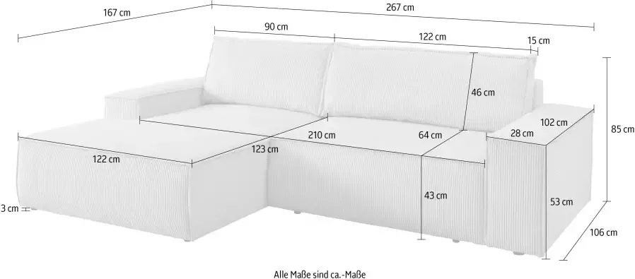 Home affaire Hoekbank SHERWOOD bedbank 267 cm L-model Slaapfunctie met bedlade (210x136 cm) cord vintage fluweel - Foto 13