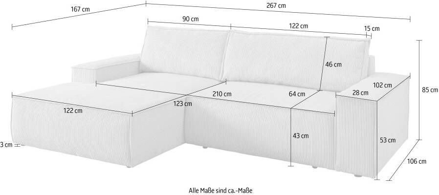 Home affaire Hoekbank SHERWOOD Schlafsofa 267 cm L-Form(ligoppervlak 210x136 cm) en bedkist ribfluweel vintage fluweel velour - Foto 10