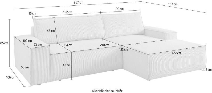 Home affaire Hoekbank SHERWOOD bedbank 267 cm L-model Slaapfunctie met bedlade (210x136 cm) cord vintage fluweel - Foto 11