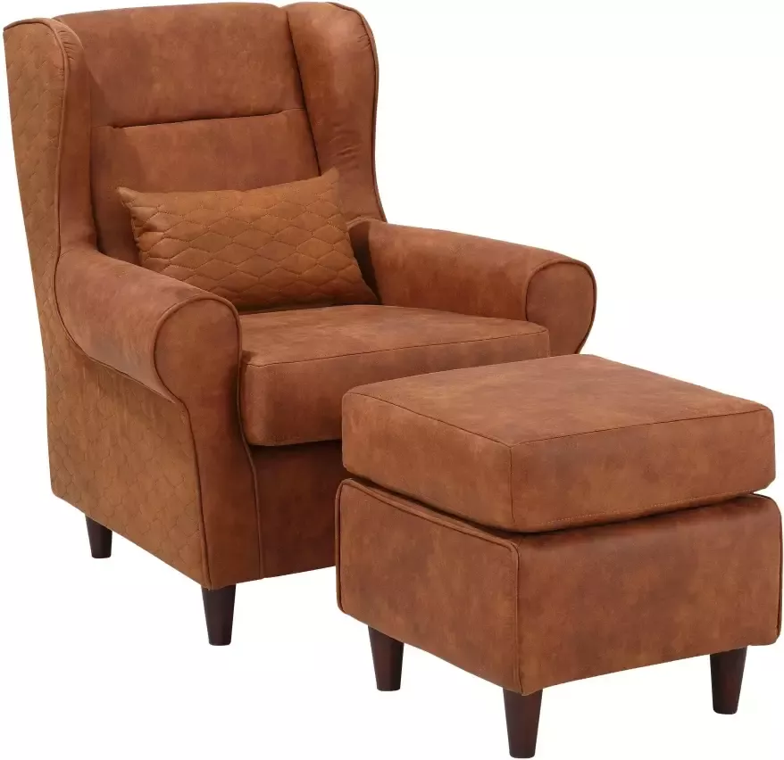 Home affaire Oorfauteuil Eric inclusief hocker in ruitstof of luxe-microvezel vintage-look