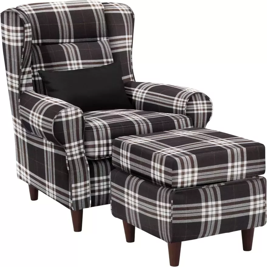 Home affaire Oorfauteuil Eric inclusief hocker in ruitstof of luxe-microvezel vintage-look - Foto 1