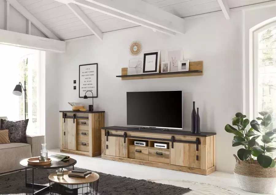 Home affaire Tv-meubel Sherwood modern houtdecor met schuurdeurbeslag van metaal breedte 201 cm