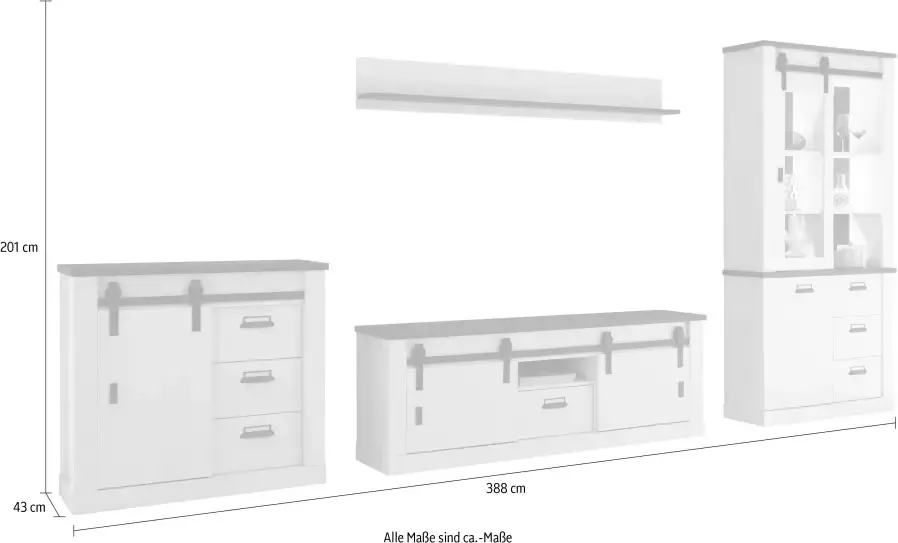 Home affaire Wandmeubel Sherwood met schuurdeurbeslag apothekersgrepen van metaal breedte ca. 388 cm (4-delig) - Foto 10