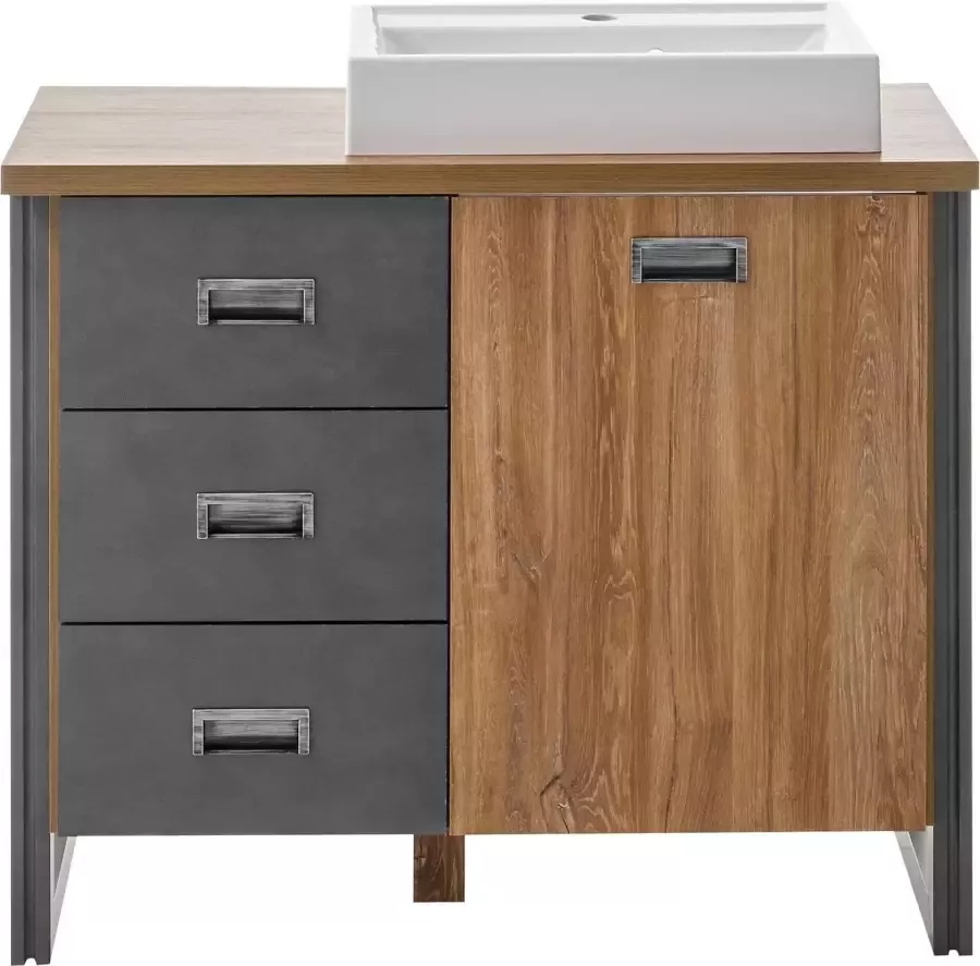 Home affaire Wastafelonderkast Detroit onderkast met apothekershandgreep badkamerkast industriële stijl Eiken decor met opbergruimte incl. mineraal gegoten wastafel breedte 91 cm - Foto 2