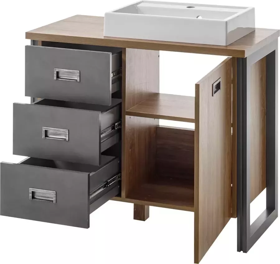 Home affaire Wastafelonderkast Detroit onderkast met apothekershandgreep badkamerkast industriële stijl Eiken decor met opbergruimte incl. mineraal gegoten wastafel breedte 91 cm - Foto 4