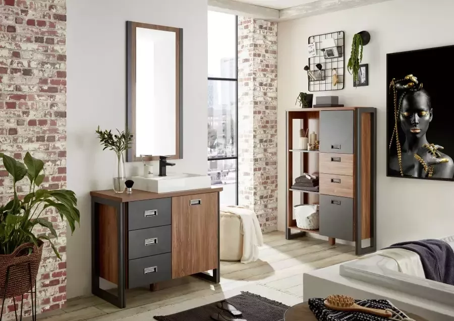 Home affaire Wastafelonderkast Detroit onderkast met apothekershandgreep badkamerkast industriële stijl Eiken decor met opbergruimte incl. mineraal gegoten wastafel breedte 91 cm - Foto 6