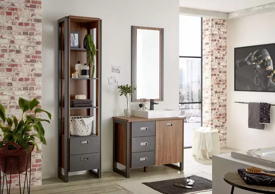 Home affaire Wastafelonderkast Detroit onderkast met apothekershandgreep badkamerkast industriële stijl Eiken decor met opbergruimte incl. mineraal gegoten wastafel breedte 91 cm - Foto 7