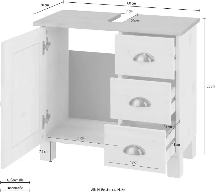 Home affaire Wastafelonderkast Oslo Grenen 1 deur en 3 laden breedte 60 cm hoogte 55 cm - Foto 3