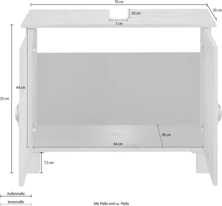 Home affaire Wastafelonderkast Oslo in massief grenen met 2 deuren breedte 70 cm hoogte 55 cm