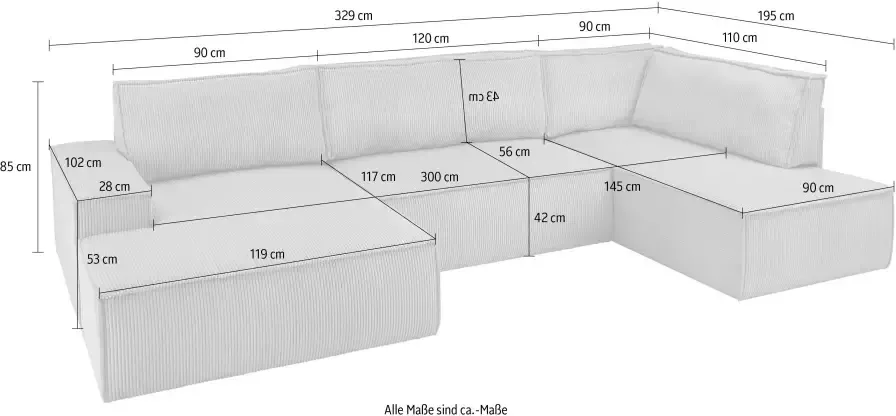 Home affaire Zithoek SHERWOOD XXL 329 cm U-Form Schlafsofa(ligoppervlak 194x139 cm) met bedkist ribfluweel vintage fluweel velour - Foto 11