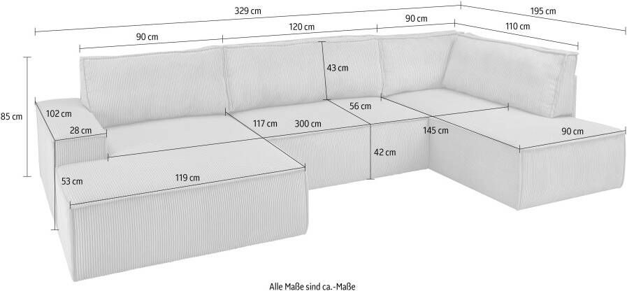 Home affaire Zithoek SHERWOOD XXL 329 cm U-Form Schlafsofa(ligoppervlak 194x139 cm) met bedkist ribfluweel vintage fluweel velour - Foto 10