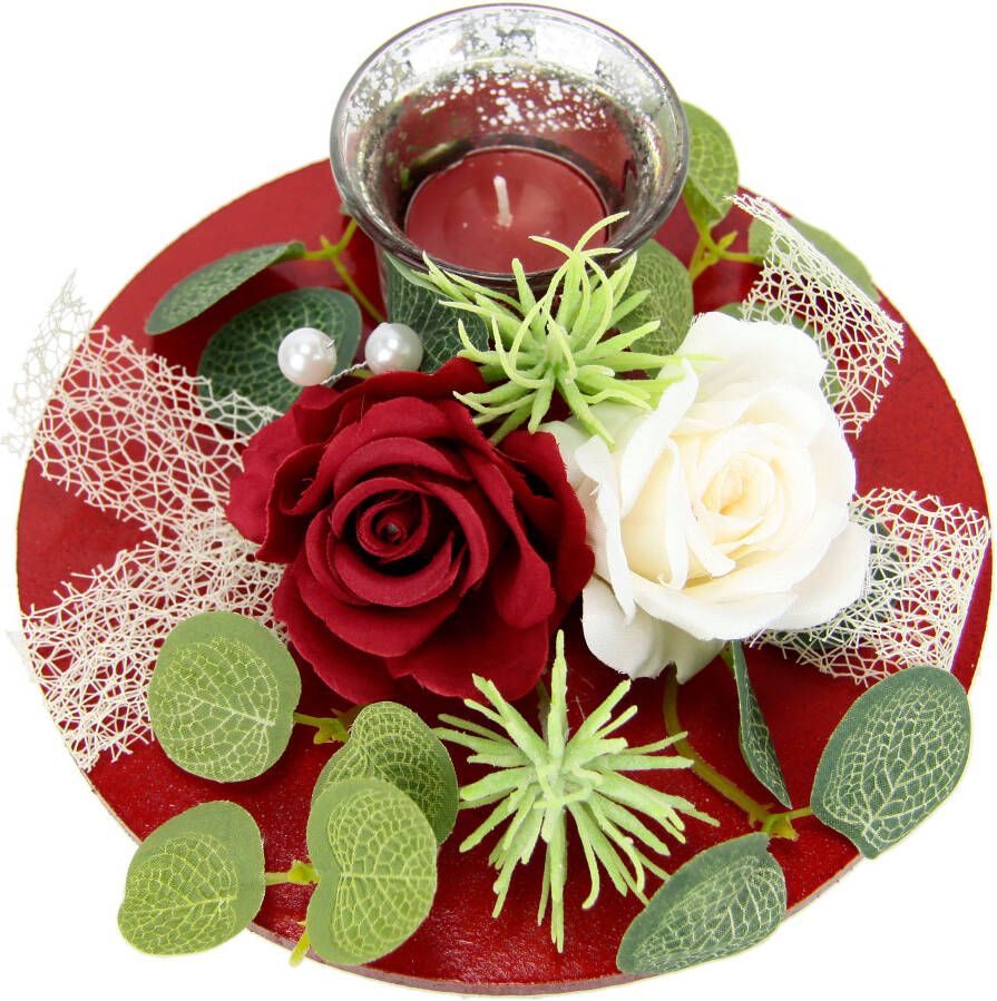 I.GE.A. Waxinelichthouder Mit Glaseinsatz und Teelichtkerze künstlichen Rosen Eukalyptus (1 stuk) - Foto 1