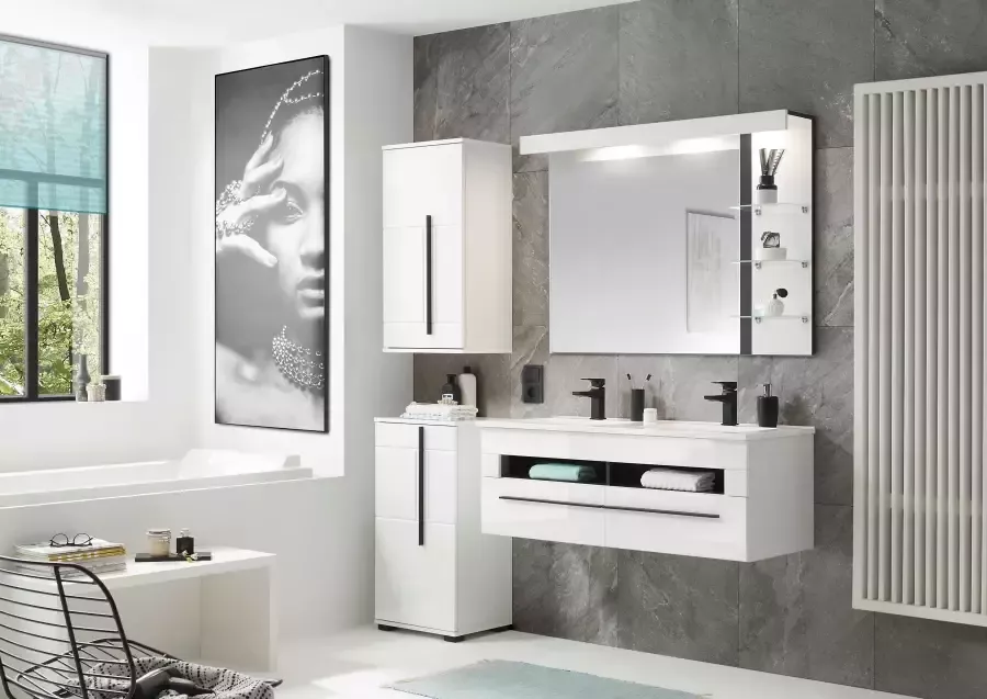 INOSIGN Badkamerserie Cantara badkamer in modern ontwerp 4-delig badkamer Waschtafel kast hangkast en spiegel in wit hoogglans (set 4-delig) - Foto 3