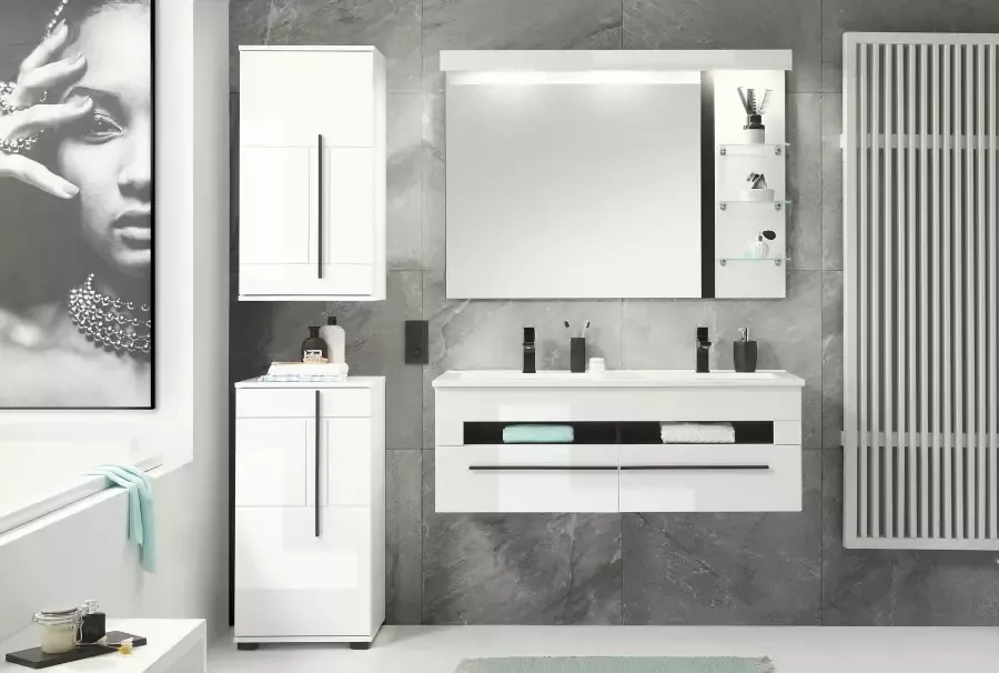 INOSIGN Badkamerserie Cantara badkamer in modern ontwerp 4-delig badkamer Waschtafel kast hangkast en spiegel in wit hoogglans (set 4-delig) - Foto 4