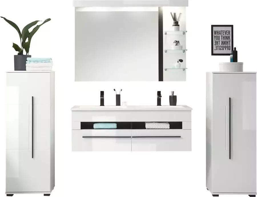 INOSIGN Badkamerserie Cantara badkamer in modern ontwerp 4-delig badkamer Wastafel kasten en spiegel in wit hoogglans veel opbergruimte (set 4-delig) - Foto 2