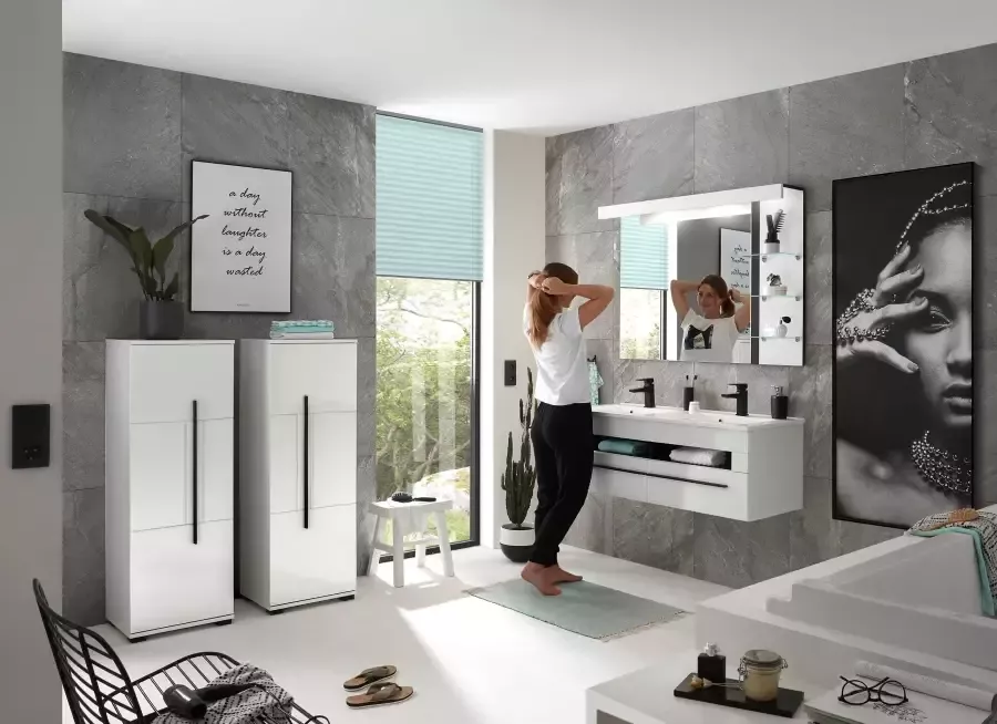 INOSIGN Badkamerserie Cantara badkamer in modern ontwerp 4-delig badkamer Wastafel kasten en spiegel in wit hoogglans veel opbergruimte (set 4-delig) - Foto 3