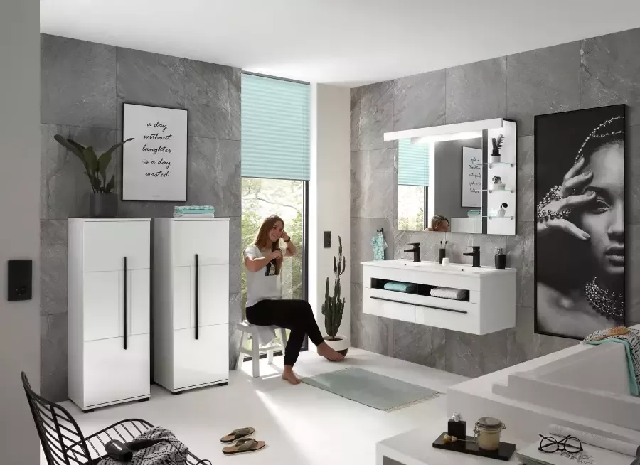 INOSIGN Badkamerserie Cantara badkamer in modern ontwerp 4-delig badkamer Wastafel kasten en spiegel in wit hoogglans veel opbergruimte (set 4-delig) - Foto 4