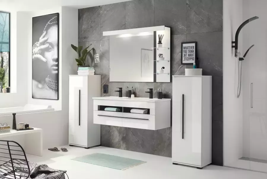 INOSIGN Badkamerserie Cantara badkamer in modern ontwerp 4-delig badkamer Wastafel kasten en spiegel in wit hoogglans veel opbergruimte (set 4-delig) - Foto 6