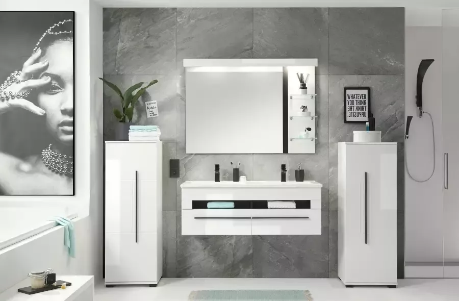 INOSIGN Badkamerserie Cantara badkamer in modern ontwerp 4-delig badkamer Wastafel kasten en spiegel in wit hoogglans veel opbergruimte (set 4-delig) - Foto 7