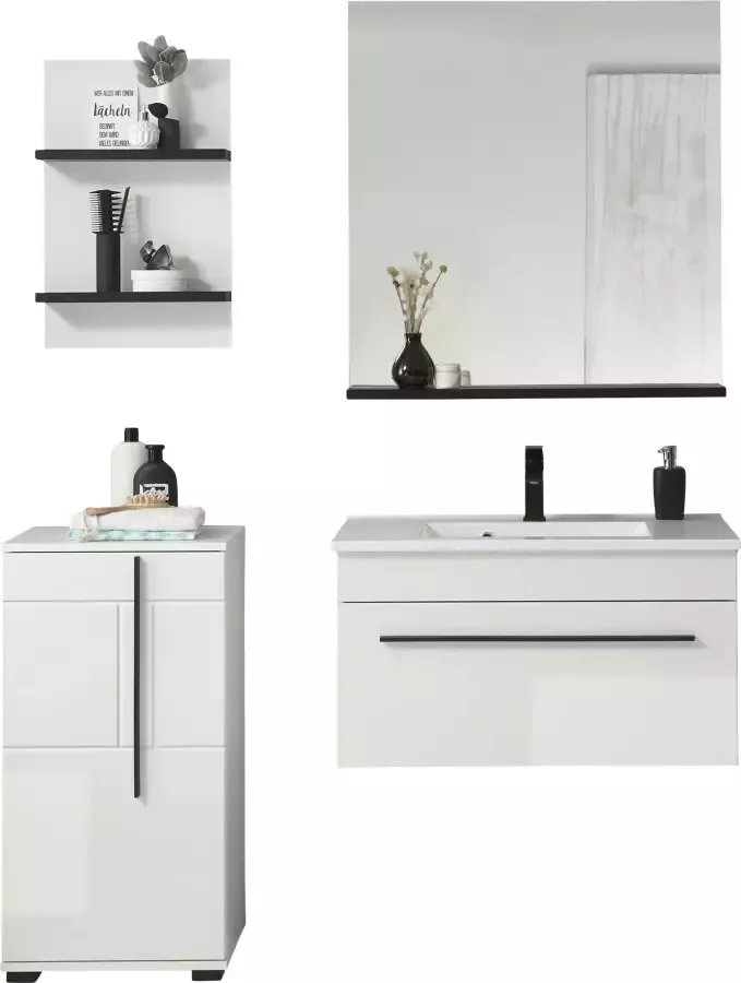 INOSIGN Badkamerserie Cantara badkamer in modern ontwerp 4-delig badkamer Waschtafel kast hangplank en spiegel in wit hoogglans (set 4-delig)