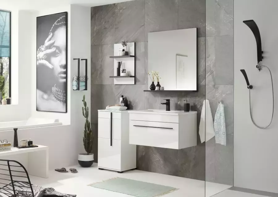INOSIGN Badkamerserie Cantara badkamer in modern ontwerp 4-delig badkamer Waschtafel kast hangplank en spiegel in wit hoogglans (set 4-delig) - Foto 2