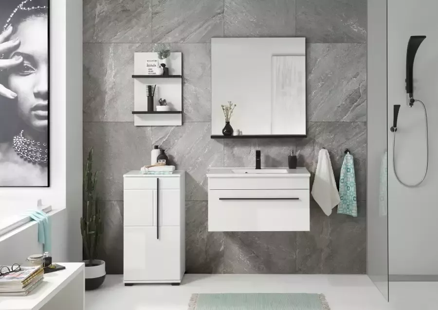 INOSIGN Badkamerserie Cantara badkamer in modern ontwerp 4-delig badkamer Waschtafel kast hangplank en spiegel in wit hoogglans (set 4-delig) - Foto 3