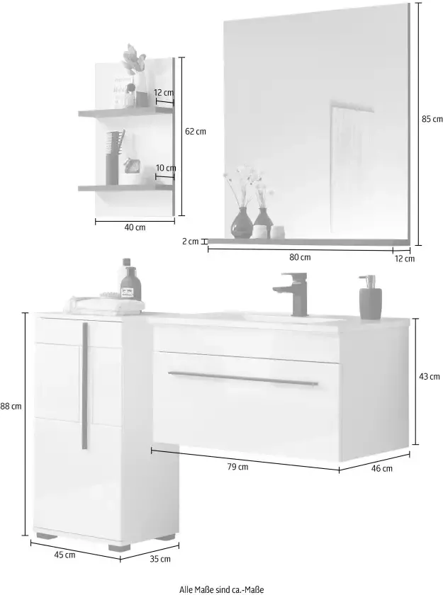 INOSIGN Badkamerserie Cantara badkamer in modern ontwerp 4-delig badkamer Waschtafel kast hangplank en spiegel in wit hoogglans (set 4-delig) - Foto 4