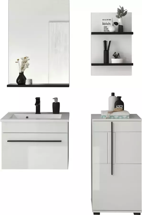 INOSIGN Badkamerserie Cantara badkamer in modern ontwerp 4-delig badkamer Waschtafel kast hangplank en spiegel in wit hoogglans (set 4-delig) - Foto 3