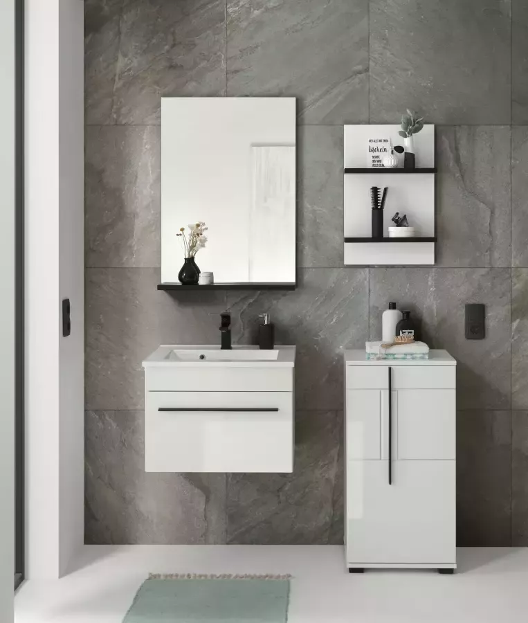 INOSIGN Badkamerserie Cantara badkamer in modern ontwerp 4-delig badkamer Waschtafel kast hangplank en spiegel in wit hoogglans (set 4-delig) - Foto 2